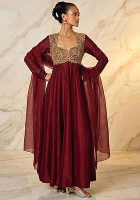 Red Embroidered Handwork Anarkali with Dupatta