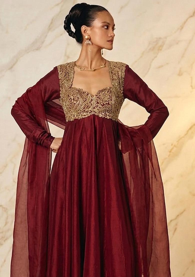 Red Embroidered Handwork Anarkali with Dupatta - Indya