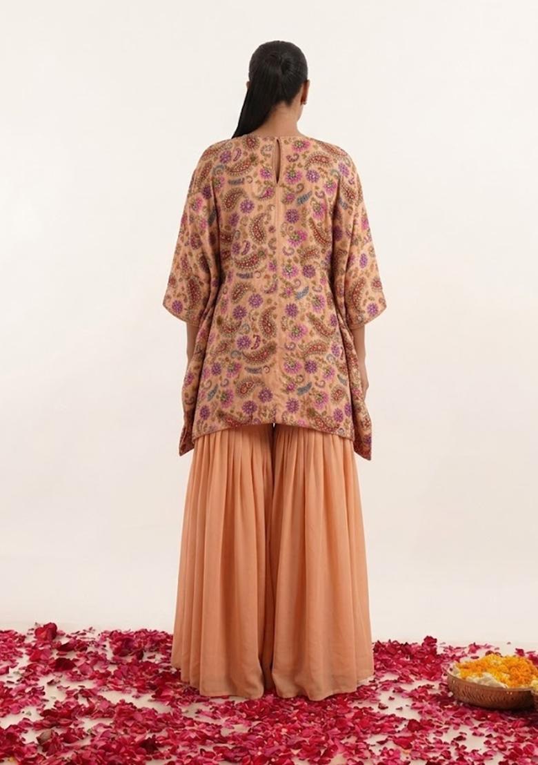 Peach Printed Crepe Sharara Set - Indya
