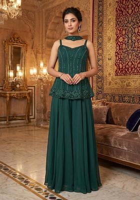 Dark Green Embroidered Handwork Sharara Set