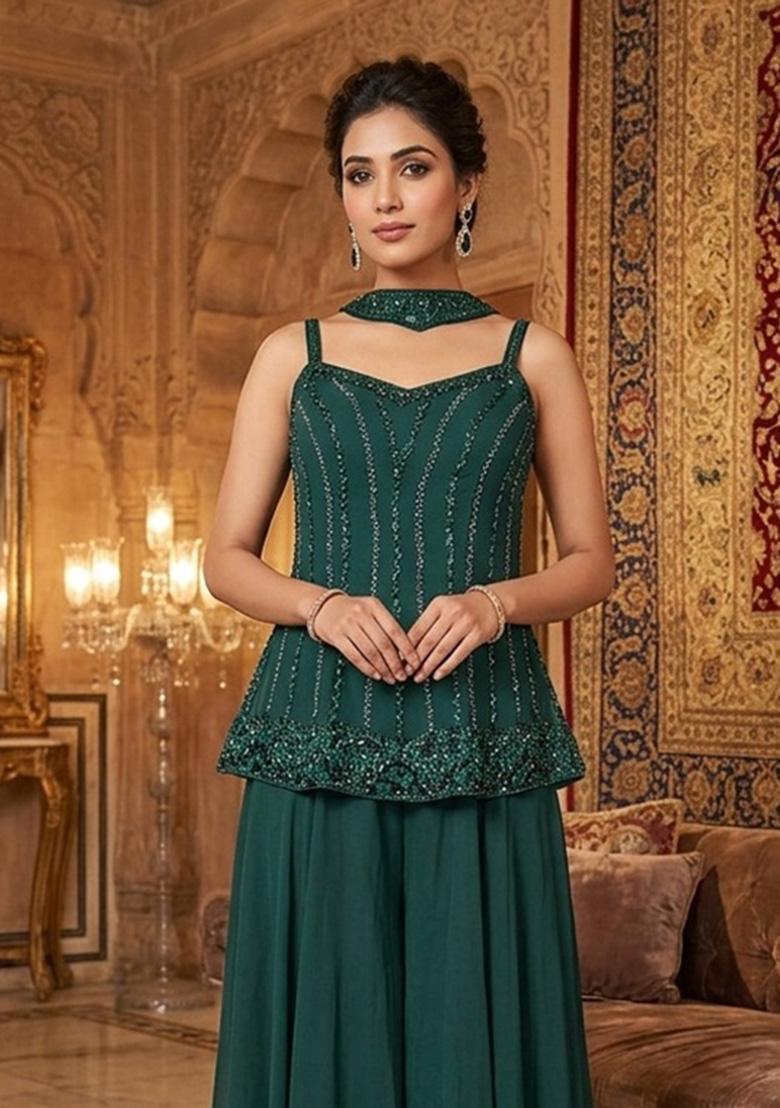 Dark Green Embroidered Handwork Sharara Set - Indya
