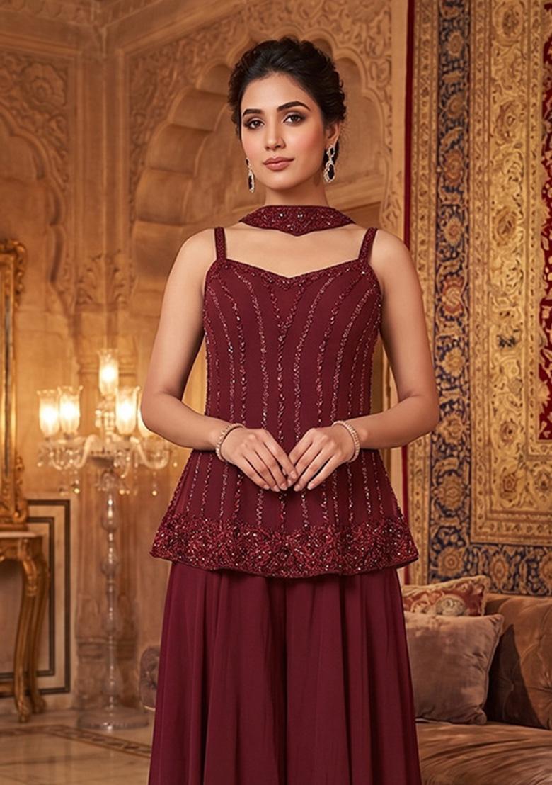 Maroon Embroidered Handwork Sharara Set - Indya