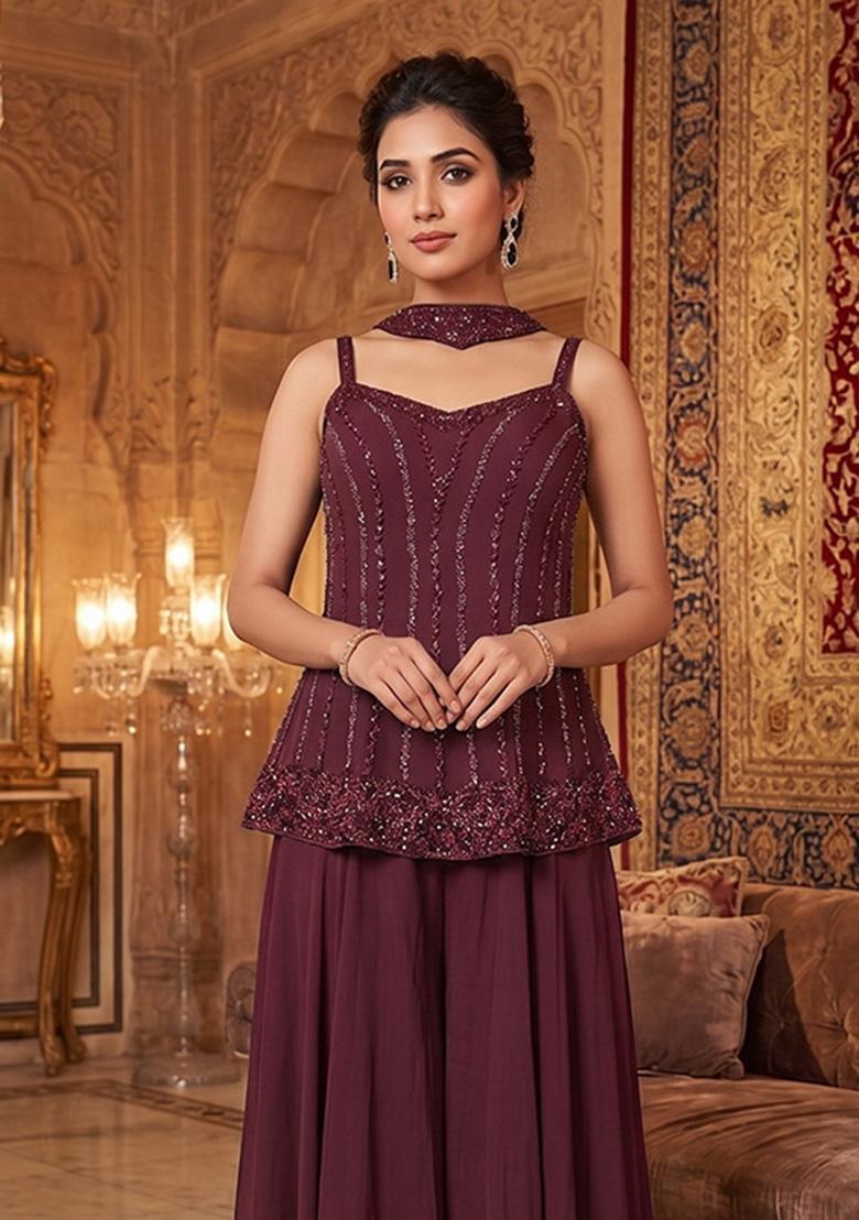 Wine Embroidered Handwork Sharara Set - Indya