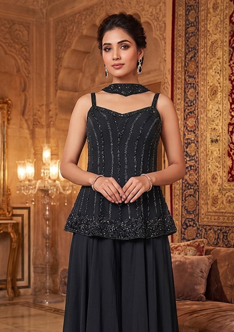 Black Embroidered Handwork Sharara Set - Indya