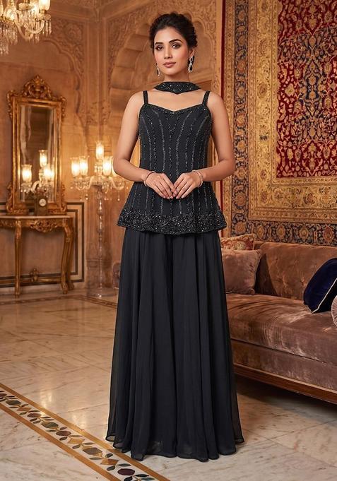 Black Embroidered Handwork Sharara Set