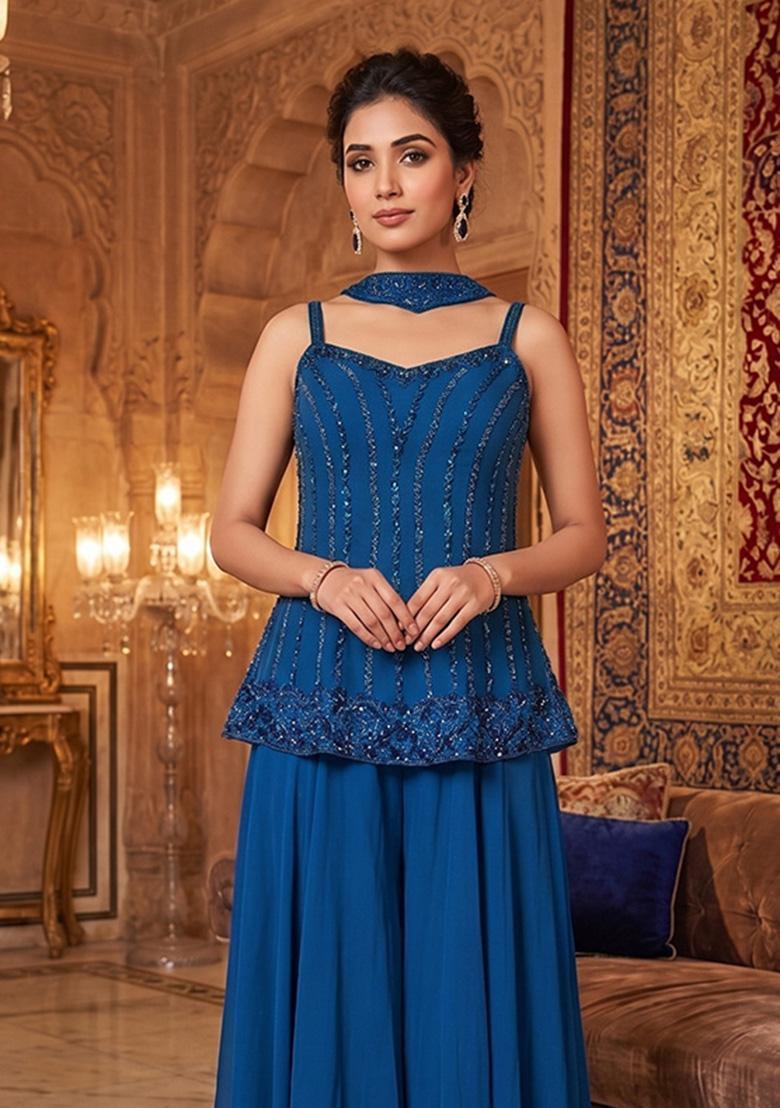 Blue Embroidered Handwork Sharara Set - Indya