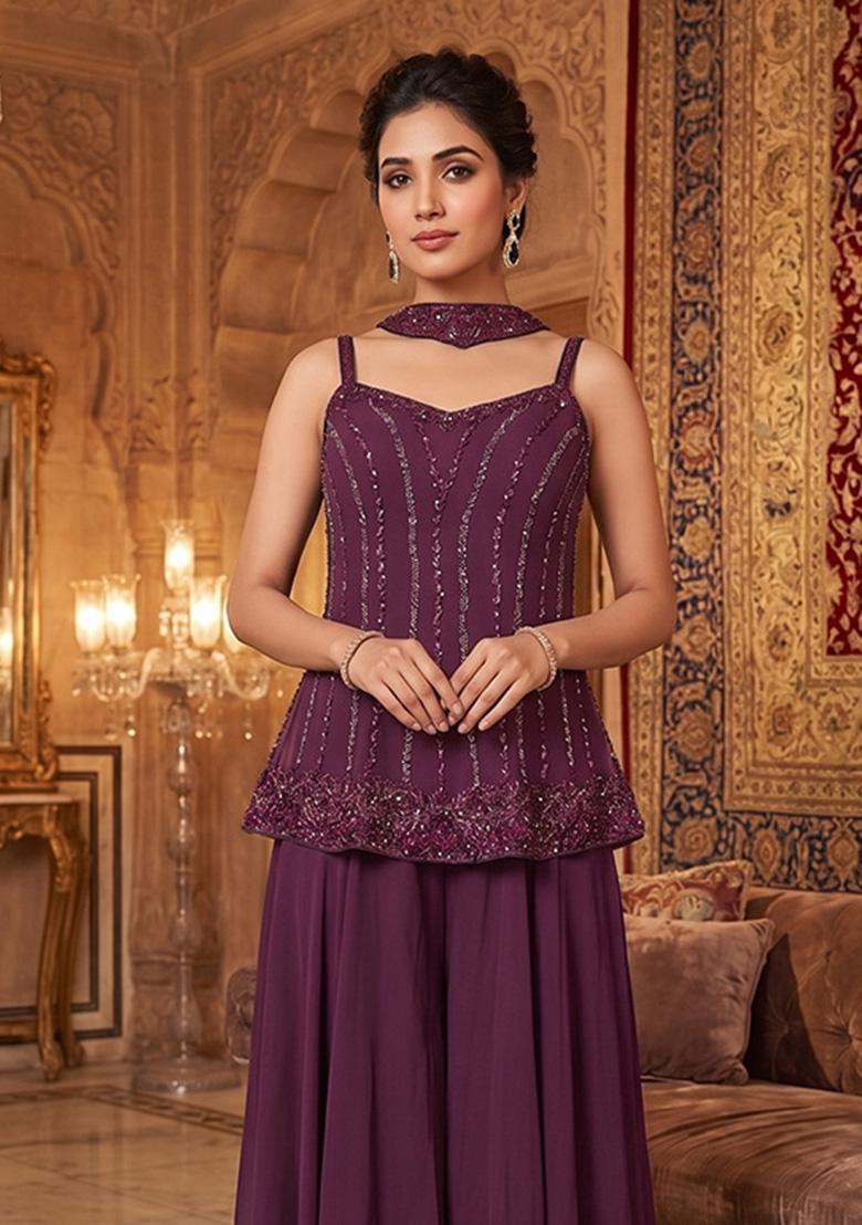 Purple Embroidered Handwork Sharara Set - Indya