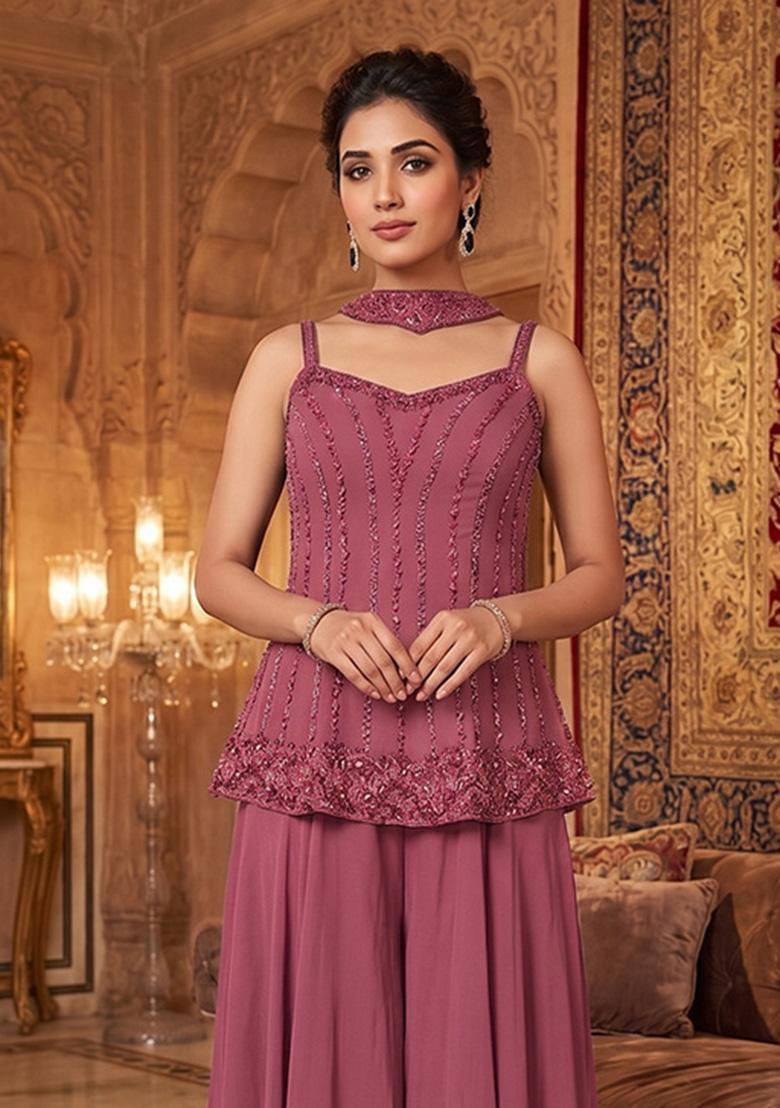 Pink Embroidered Handwork Sharara Set - Indya