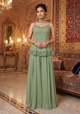 Green Embroidered Handwork Sharara Set