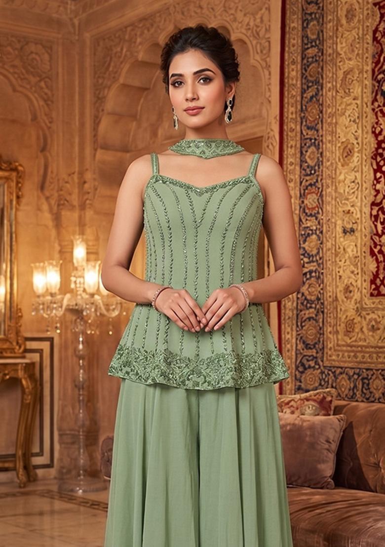 Green Embroidered Handwork Sharara Set - Indya