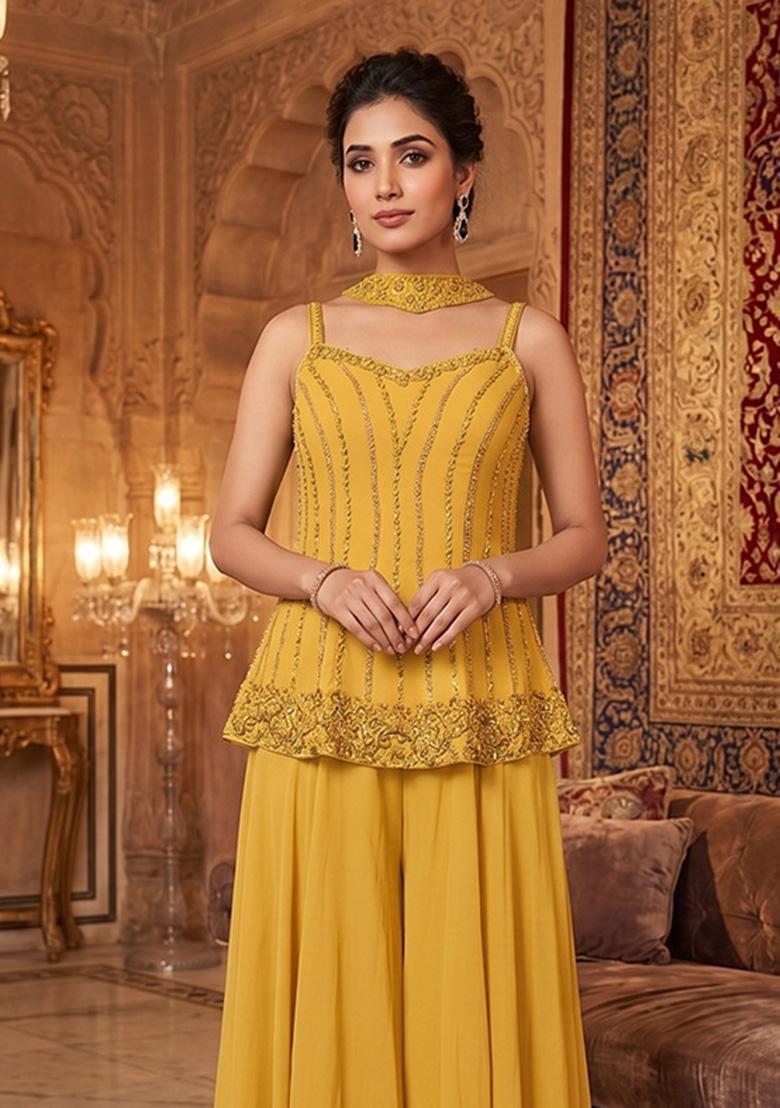 Yellow Embroidered Handwork Sharara Set - Indya