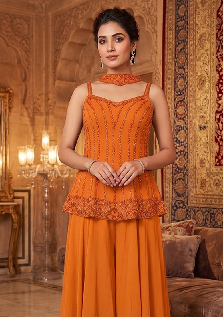 Orange Embroidered Handwork Sharara Set - Indya