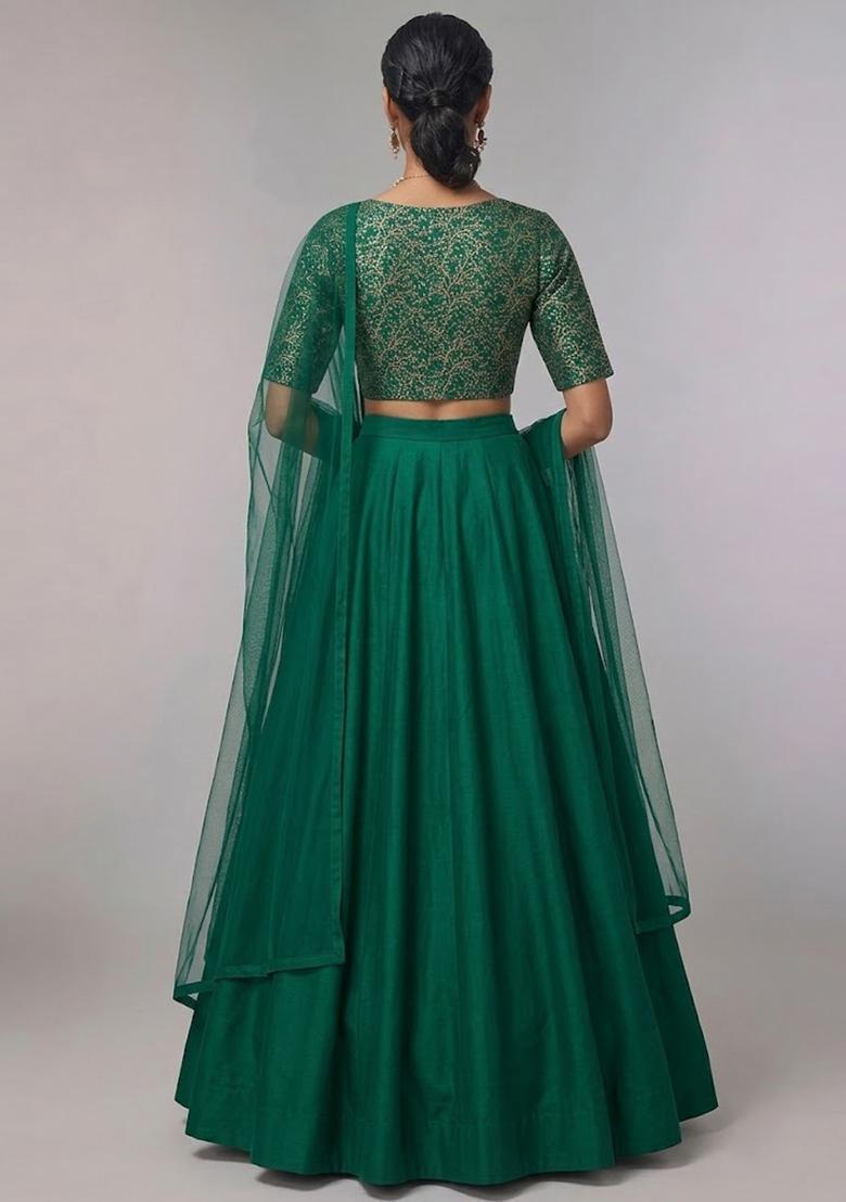 Bottle Green Brocade Lehenga Set - Indya