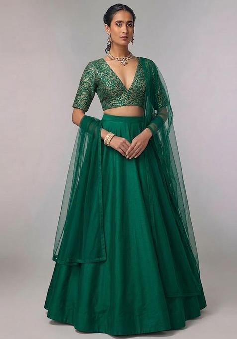 Bottle Green Brocade Lehenga Set