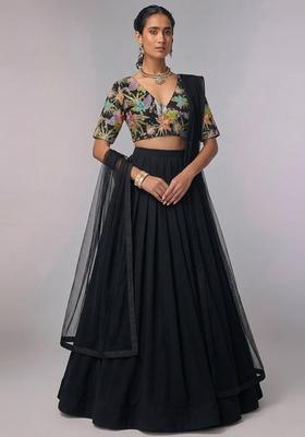 Black Printed Crepe Lehenga Set