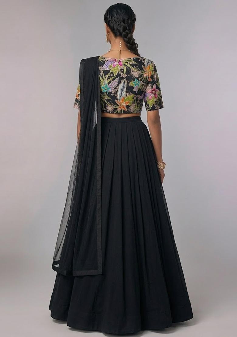 Black Printed Crepe Lehenga Set - Indya