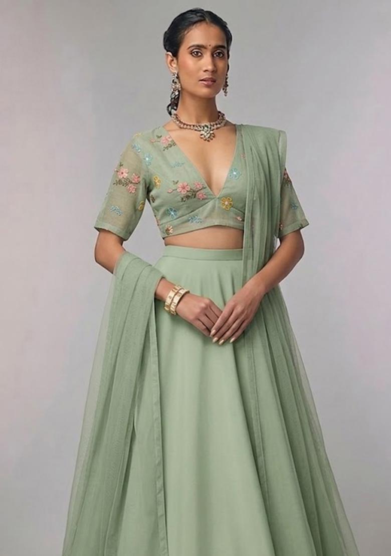 Pastel&nbsp;Green Embroidered Chanderi Lehenga Set - Indya