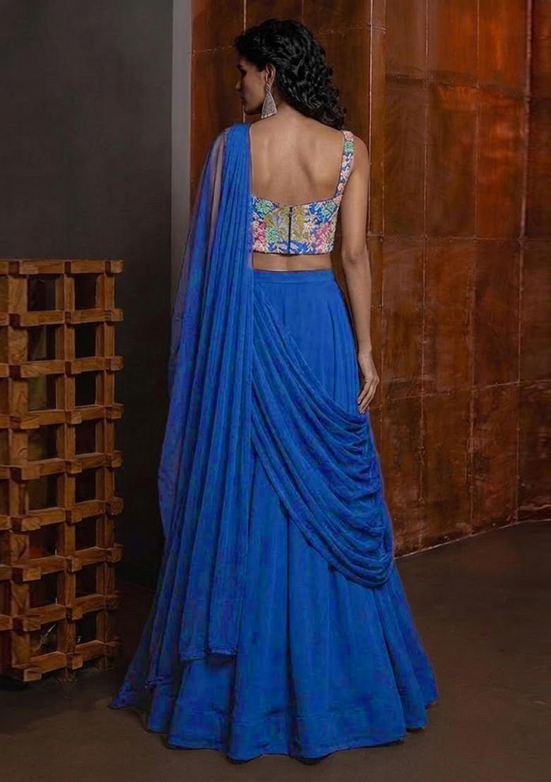 Navy Blue Printed Crepe Lehenga Set - Indya