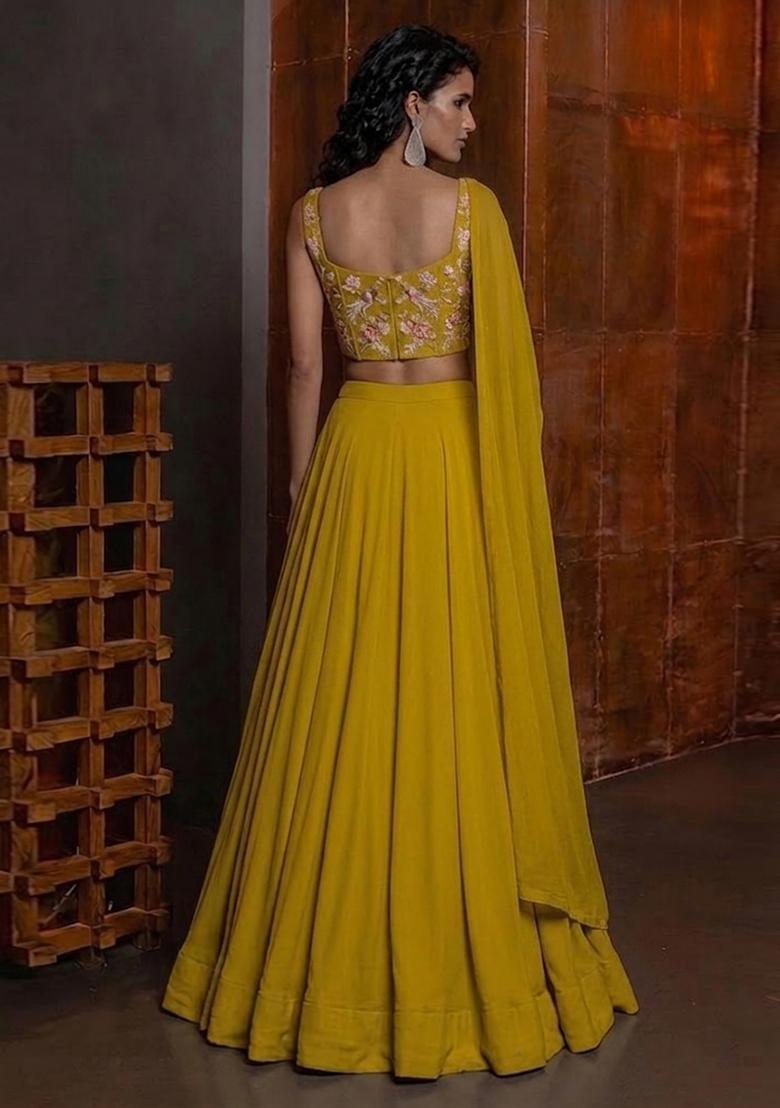 Yellow Embroidered Chanderi Lehenga Set - Indya