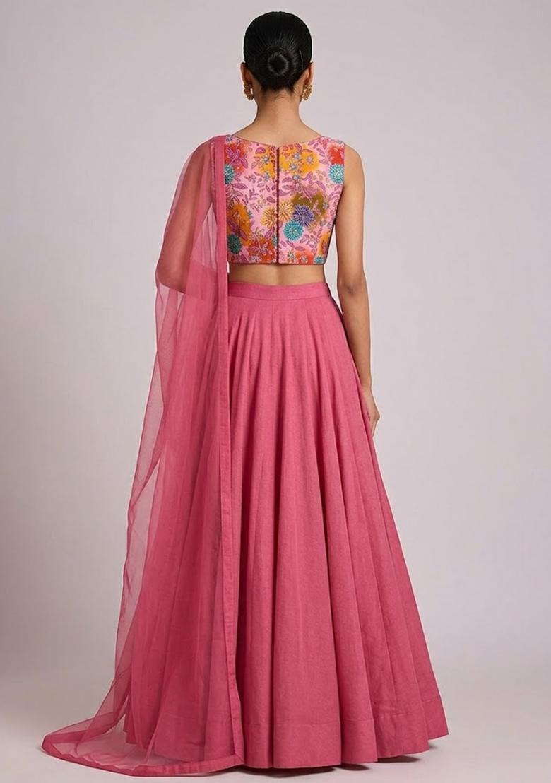 Pink Printed Crepe Lehenga Set - Indya