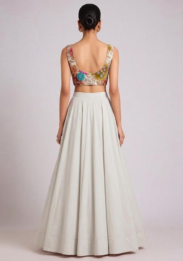 White Printed Crepe Lehenga Set - Indya