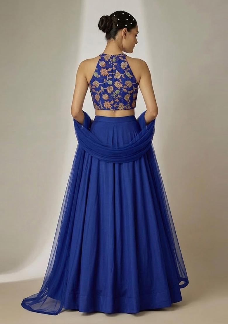 Royal Blue Sequin Tissue Lehenga Set - Indya