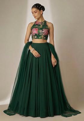 Bottle Green Sequin Tissue Lehenga Set