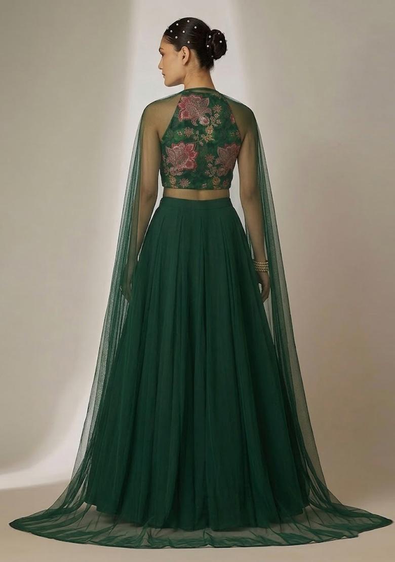 Bottle Green Sequin Tissue Lehenga Set - Indya
