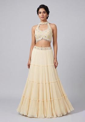 Cream Embroidered Handwork Lehenga Set
