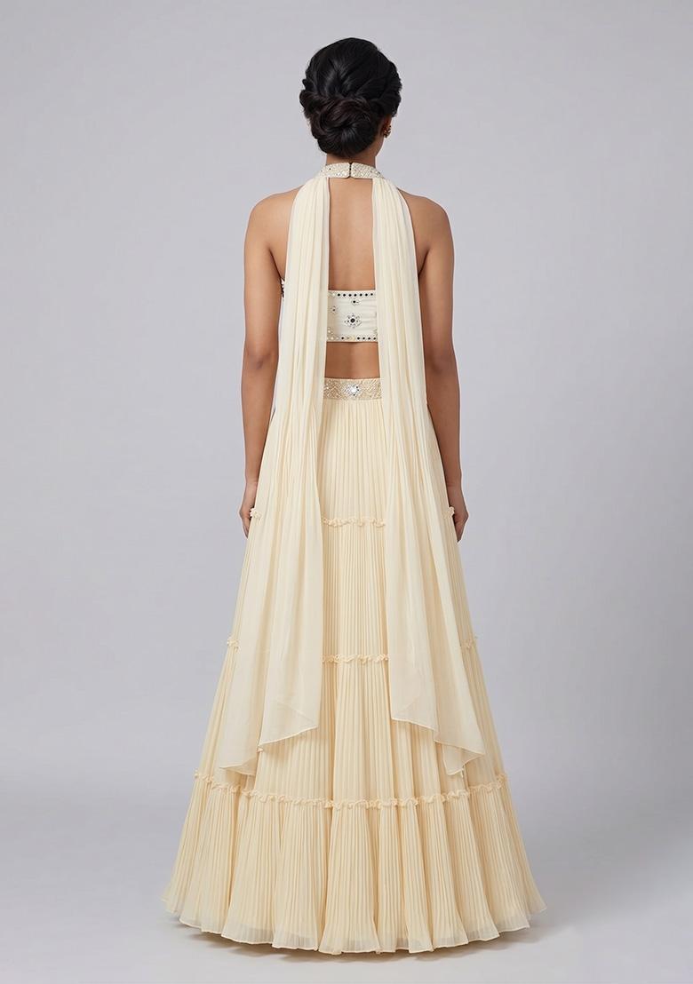 Cream Embroidered Handwork Lehenga Set - Indya