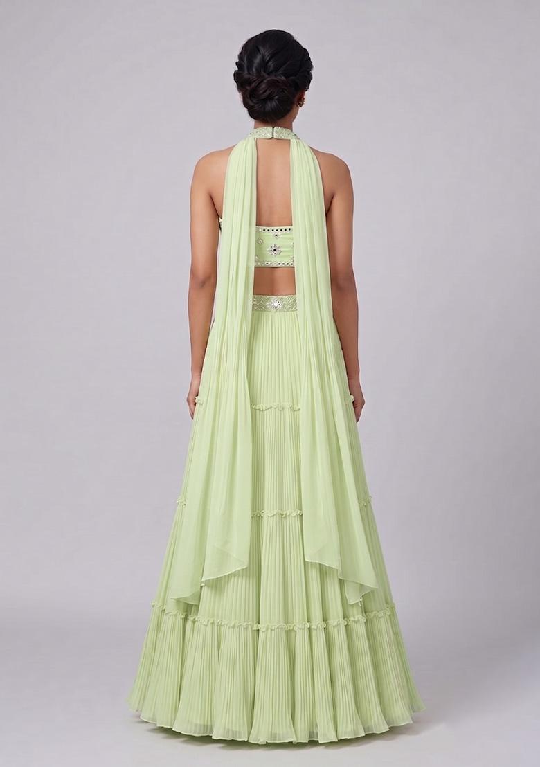 Light Green Embroidered Handwork Lehenga Set - Indya