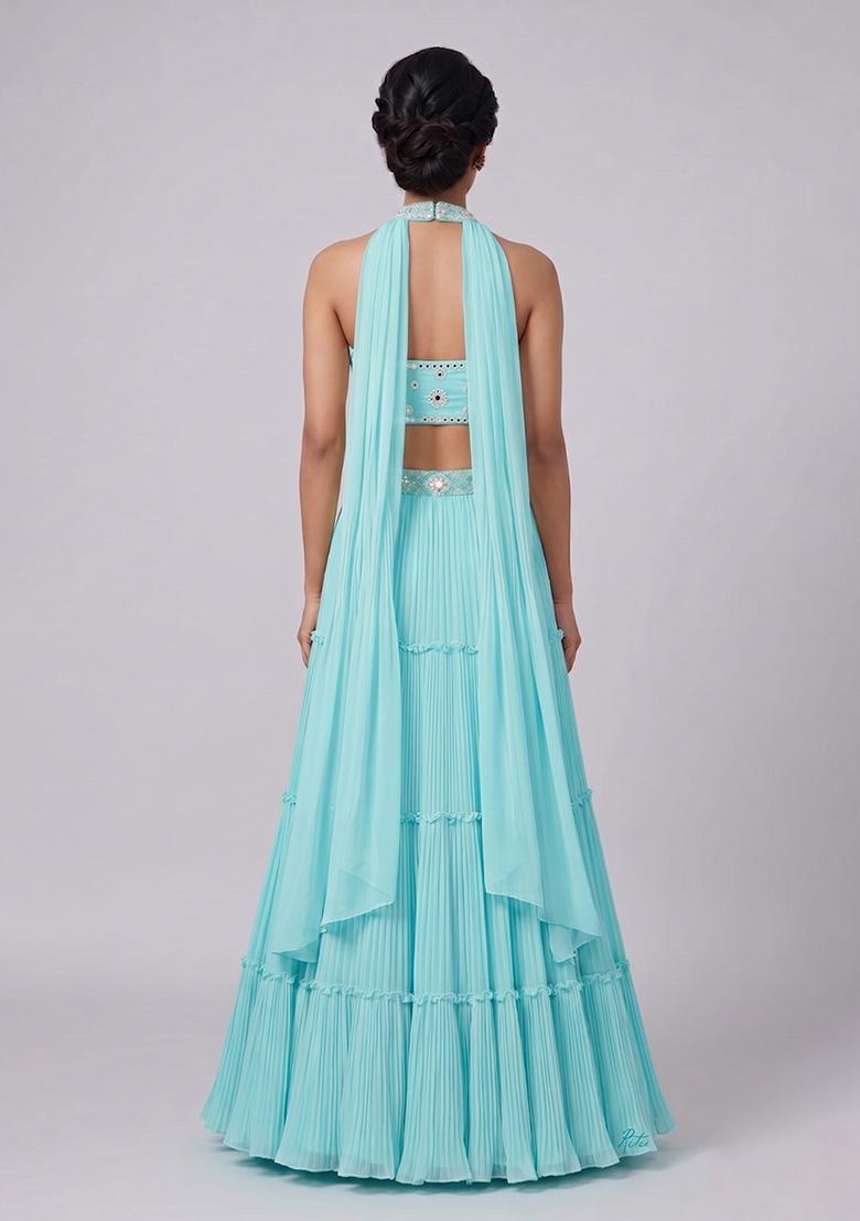 Sky Blue Embroidered Handwork Lehenga Set - Indya