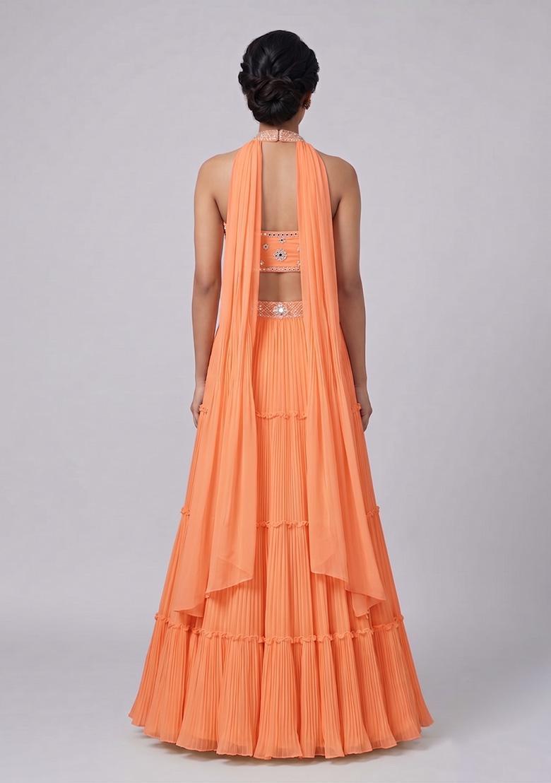 Orange Embroidered Handwork Lehenga Set - Indya