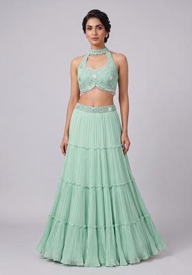 Mint Green Embroidered Handwork Lehenga Set