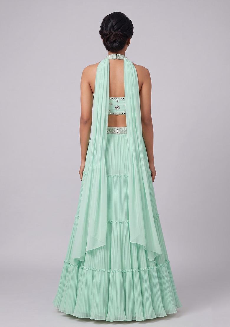 Mint Green Embroidered Handwork Lehenga Set - Indya