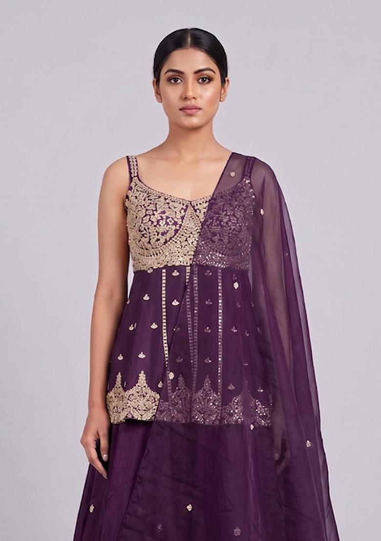 Dark Purple Embroidered Handwork Lehenga Set - Indya