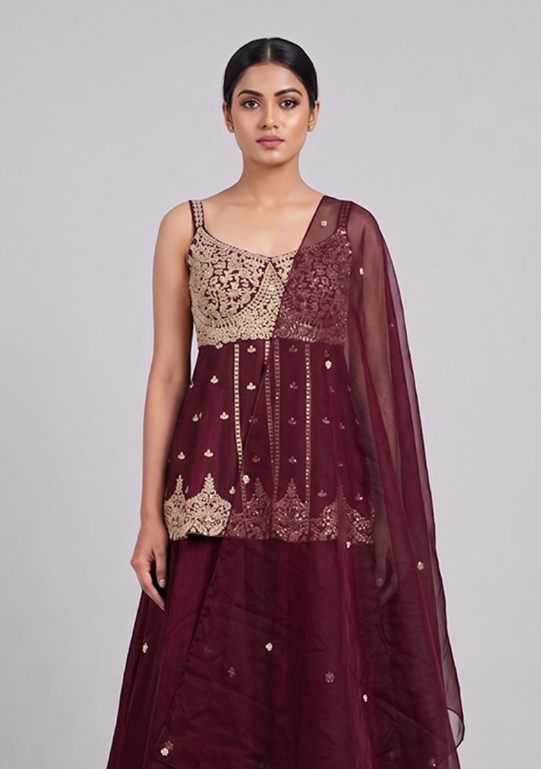 Maroon Embroidered Handwork Lehenga Set - Indya