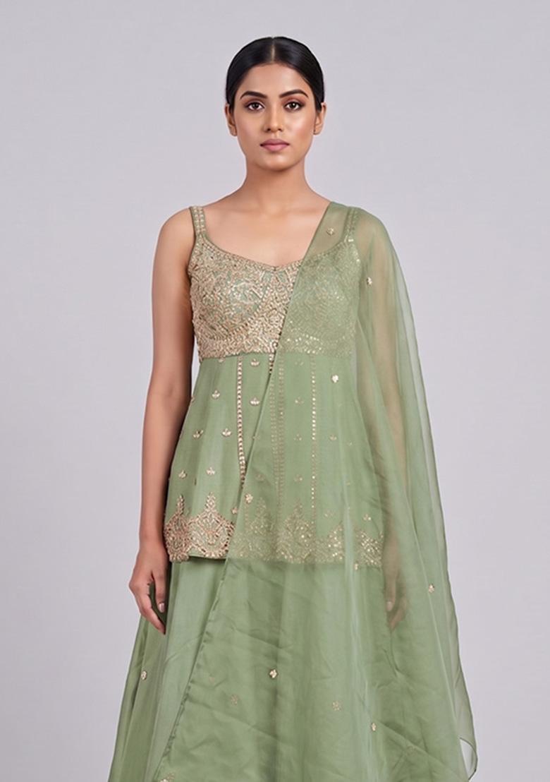 Green Embroidered Handwork Lehenga Set - Indya