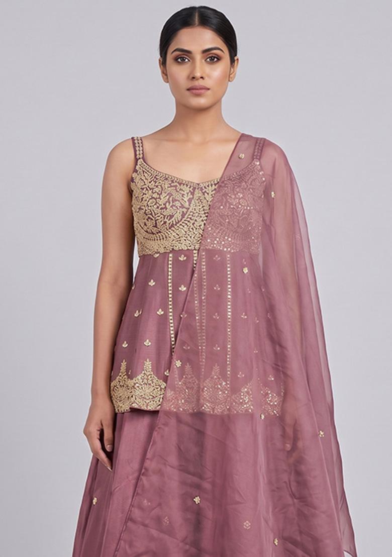 Mauve Embroidered Handwork Lehenga Set - Indya