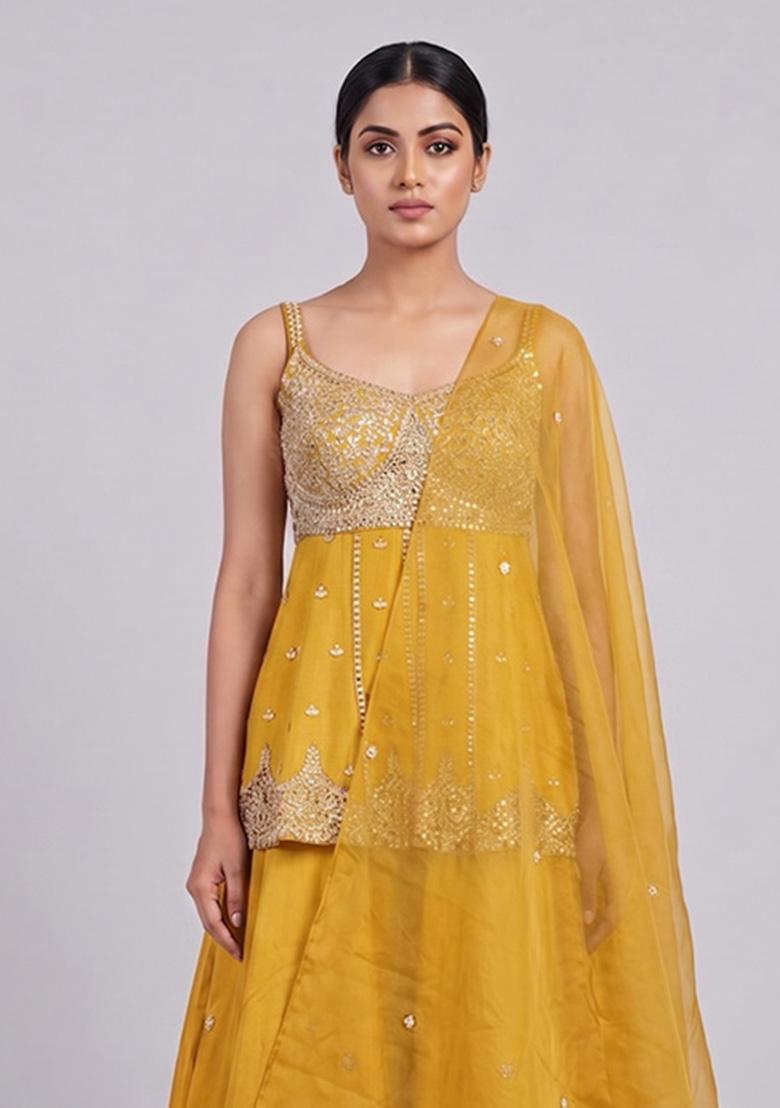 Yellow Embroidered Handwork Lehenga Set - Indya