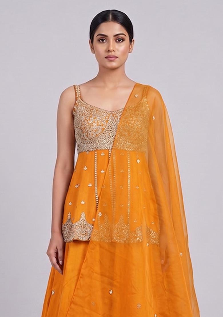 Orange Embroidered Handwork Lehenga Set - Indya