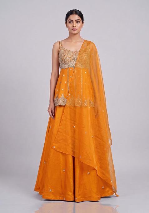 Orange Embroidered Handwork Lehenga Set