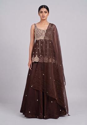 Brown Embroidered Handwork Lehenga Set