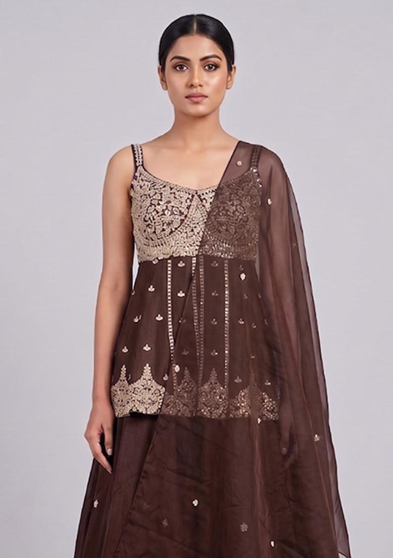Brown Embroidered Handwork Lehenga Set - Indya