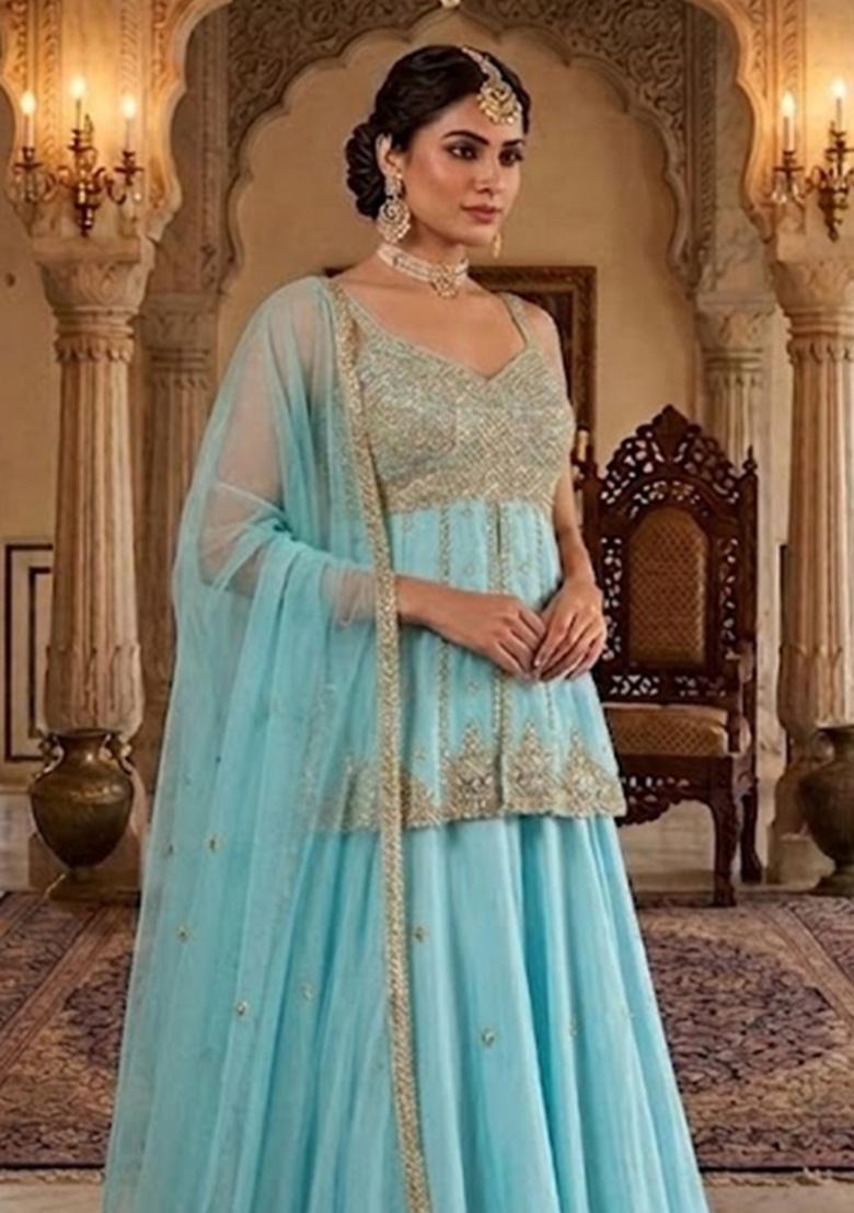 Sky Blue Embroidered Handwork Lehenga Set - Indya