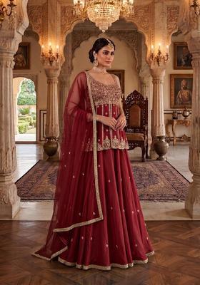 Red Embroidered Handwork Lehenga Set