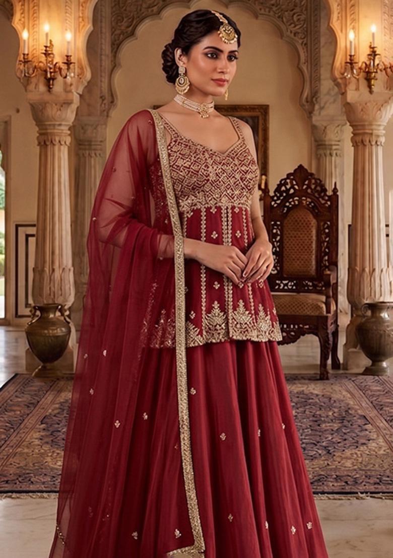Red Embroidered Handwork Lehenga Set - Indya