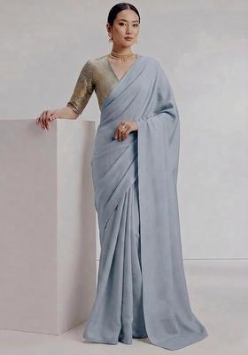 Blue Silk Blend Pre Draped Saree Set