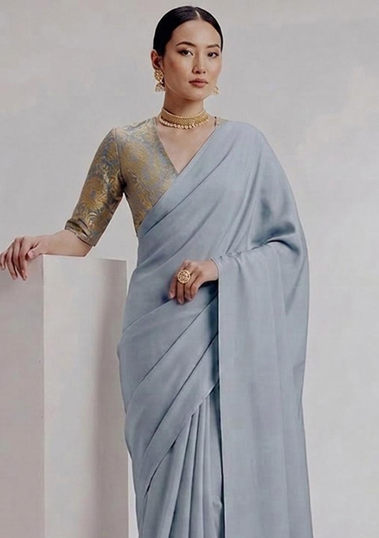 Blue Silk Blend Pre Draped Saree Set - Indya