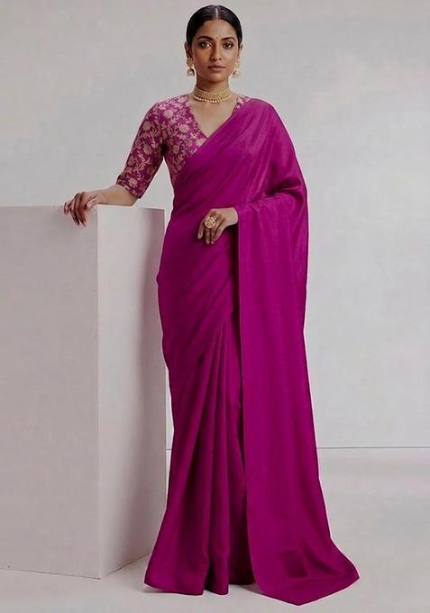 Pink Silk Blend Pre Draped Saree Set